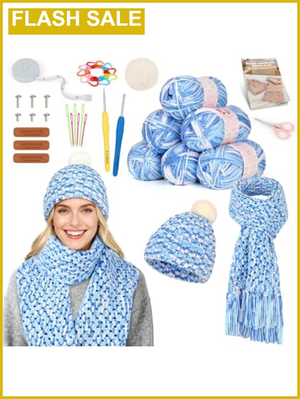 Crochet Kit for Beginners Step-by-Step Hat Scarf Granny Square Adult Craft